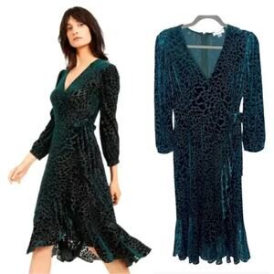 Calvin Klein 8 Velvet Animal Print Cocktail Wrap Dress Long Sleeve Teal Green